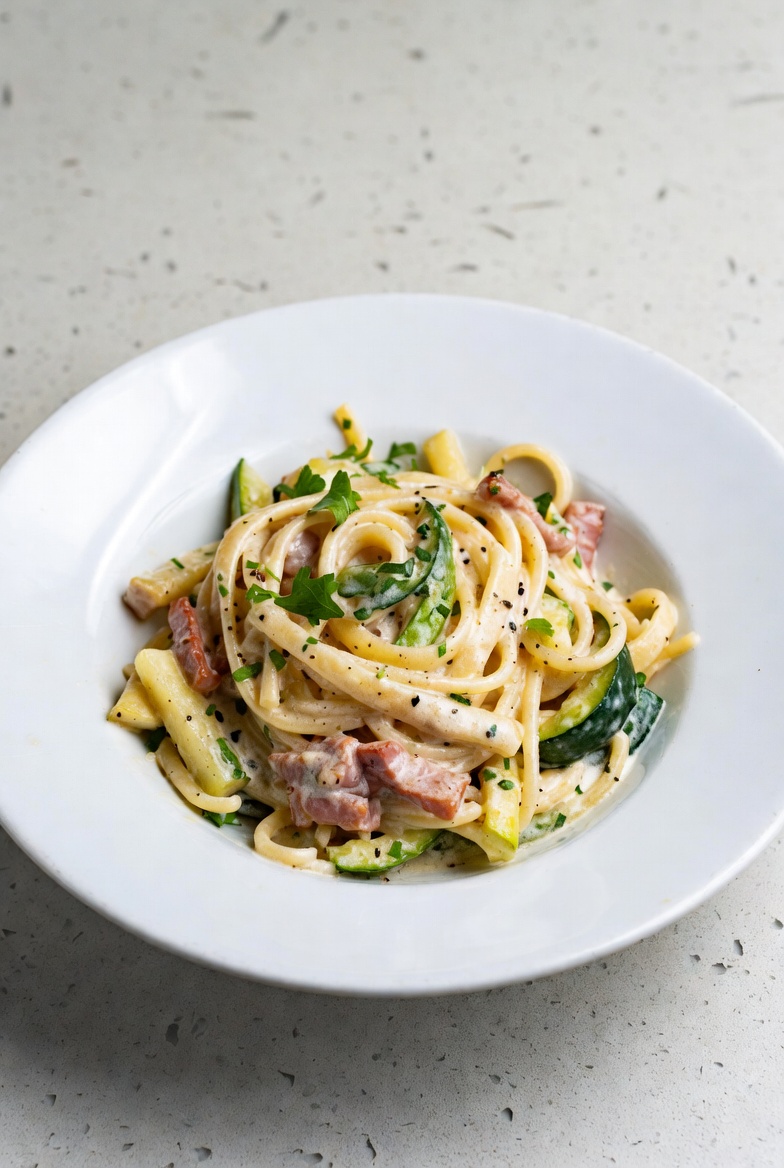Immagine di Pasta cremosa zucchine e pancetta